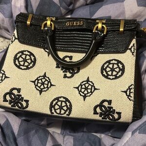 GUESS Black and Cream Patterned Satchel